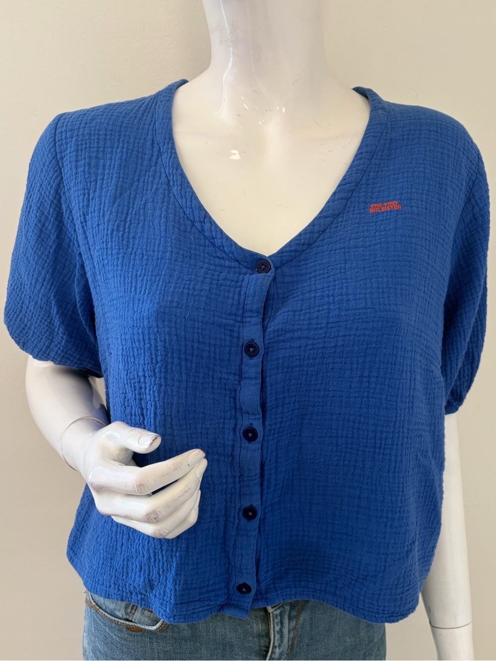 The Tiny Big Sister Blue Gauze Button-up Short Sleeve Shirt Top Embroidered Logo
